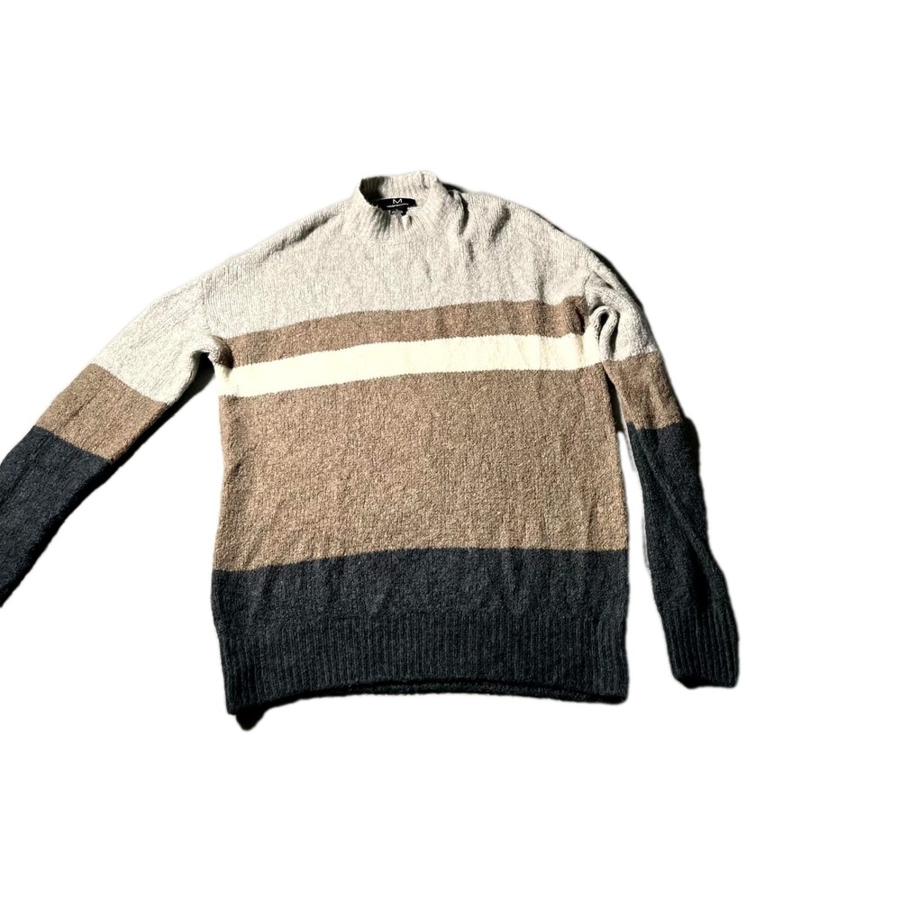 Magaschoni Sweater Mens Large Gray‎ Brown Striped Acrylic Mock Neck Pullover